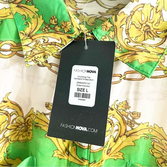 NWT Fashion Nova Crunching The Numbers Printed Shirt - Green/combo Size L - Picture 13 of 15